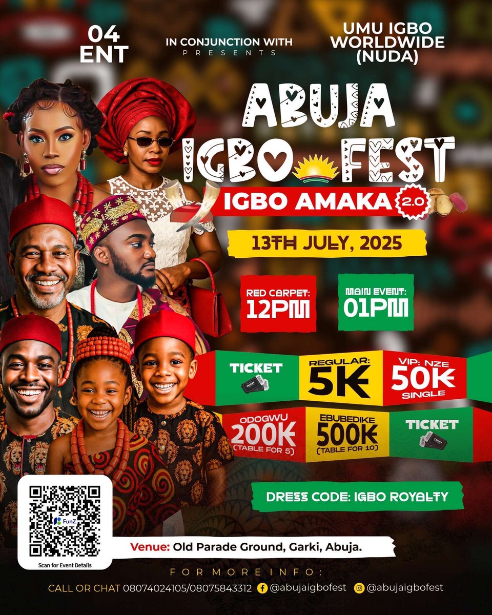 Another season of #AbujaIgboFest is here. Y’all don’t want to miss this. Come out en mass #AbujaTwitterCommunity and support one of your own 

Be sure to get your tickets in time to avoid “SoldOut”

Link for tickets 🎫  funzweb.com/events/abuja-i…