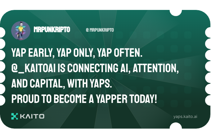 Yap early, yap only, yap often.

<a href="/KaitoAI/">Kaito AI 🌊</a> is connecting AI, attention and capital with Yaps.

Just claimed my social card and I'm accumulating Yap points in real-time.

Claim yours 👉 yaps.kaito.ai/referral/15822…