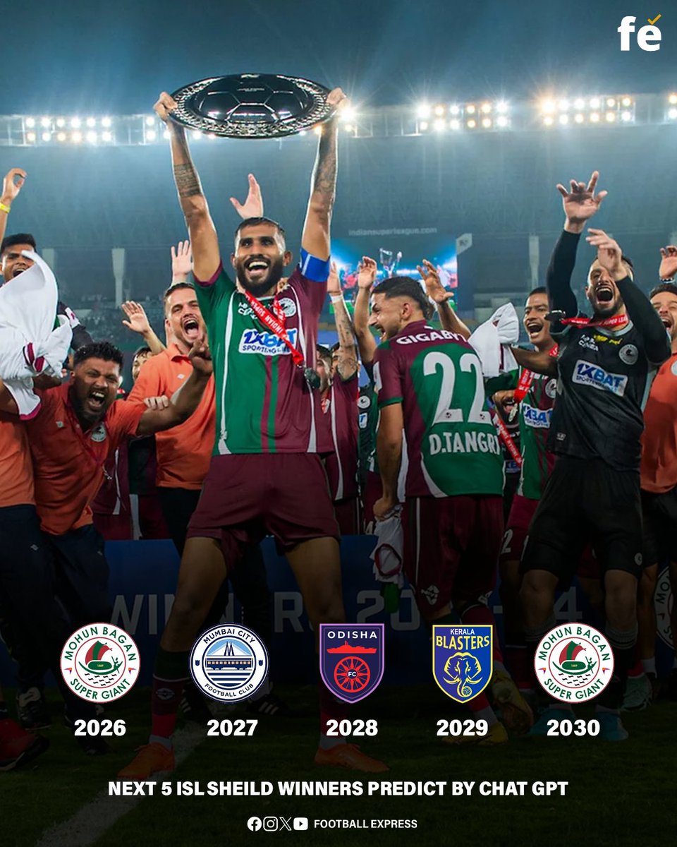 FExpressIndia's tweet photo. 🏆 ISL SHIELD PREDICTIONS ARE IN! 🏆
🔮 2026 – Mohun Bagan Super Giant
🔮 2027 – Mumbai City FC
🔮 2028 – Odisha FC
🔮 2029 – Kerala Blasters
🔮 2030 – Mohun Bagan Super Giant (again!)
#ISL #IndianFootball #ISLShield #FootballPredictions #MohunBagan #MumbaiCityFC #OdishaFC https://t.co/nEBAcBP7ME