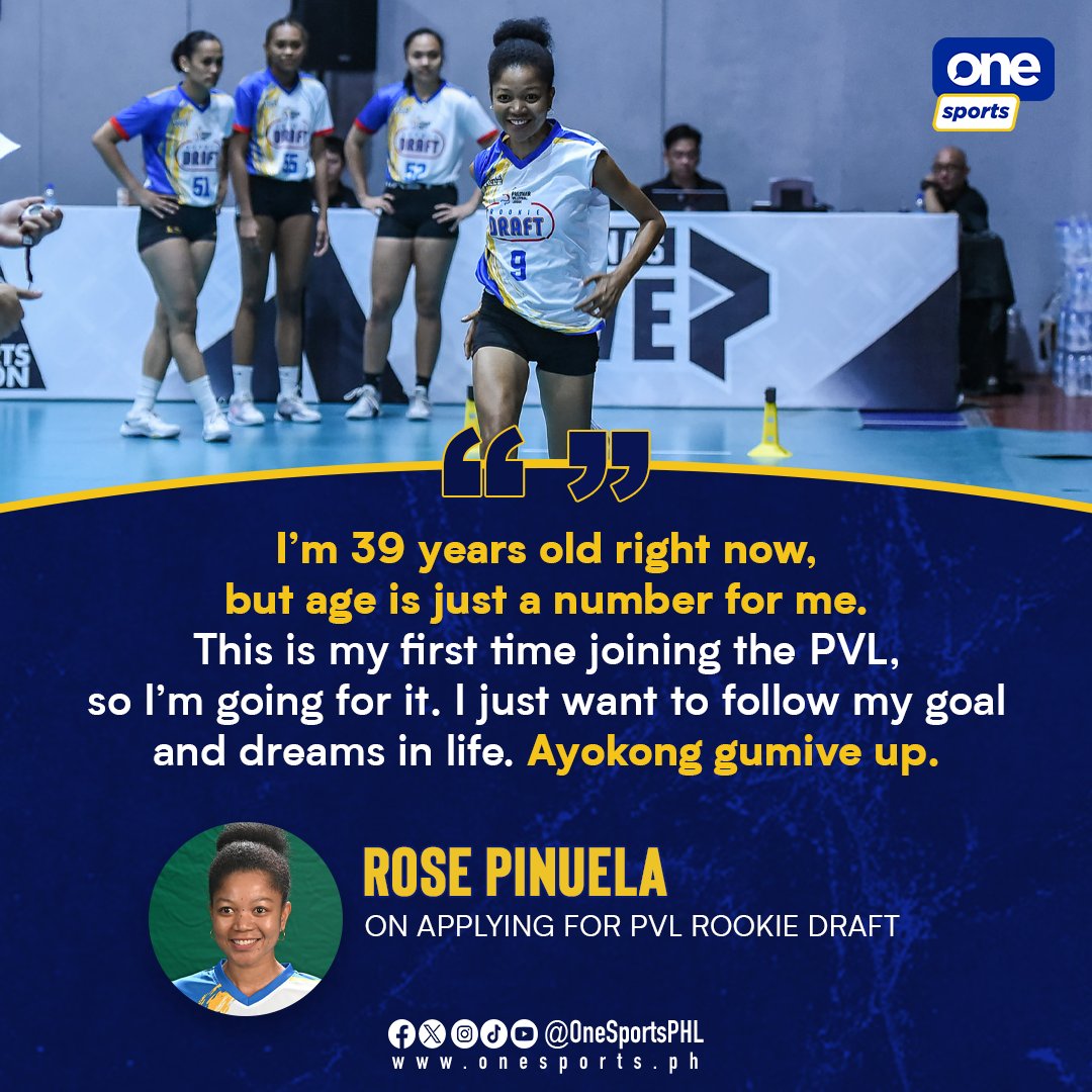 OneSportsPHL's tweet image. DREAMS DON’T COME WITH AGE LIMITS.

At 39, Rose Pinuela proves that heart and hustle don’t age, as she steps into the 2025 PVL Rookie Draft among the league’s youngest hopefuls.

#OneSports #OSOnTheSpot #PVL2025 #TheHeartOfVolleyball