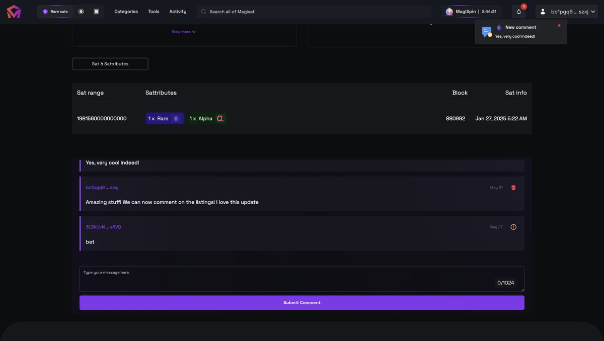 Two social updates on Magisat:

1. Comments
You can now place comments on listings, potentially helping you negotiate the price or simply praising the listed item.

2. Notifications
Users now receive notifications about comments, offers, sales, etc!

Let's go social! 🫡