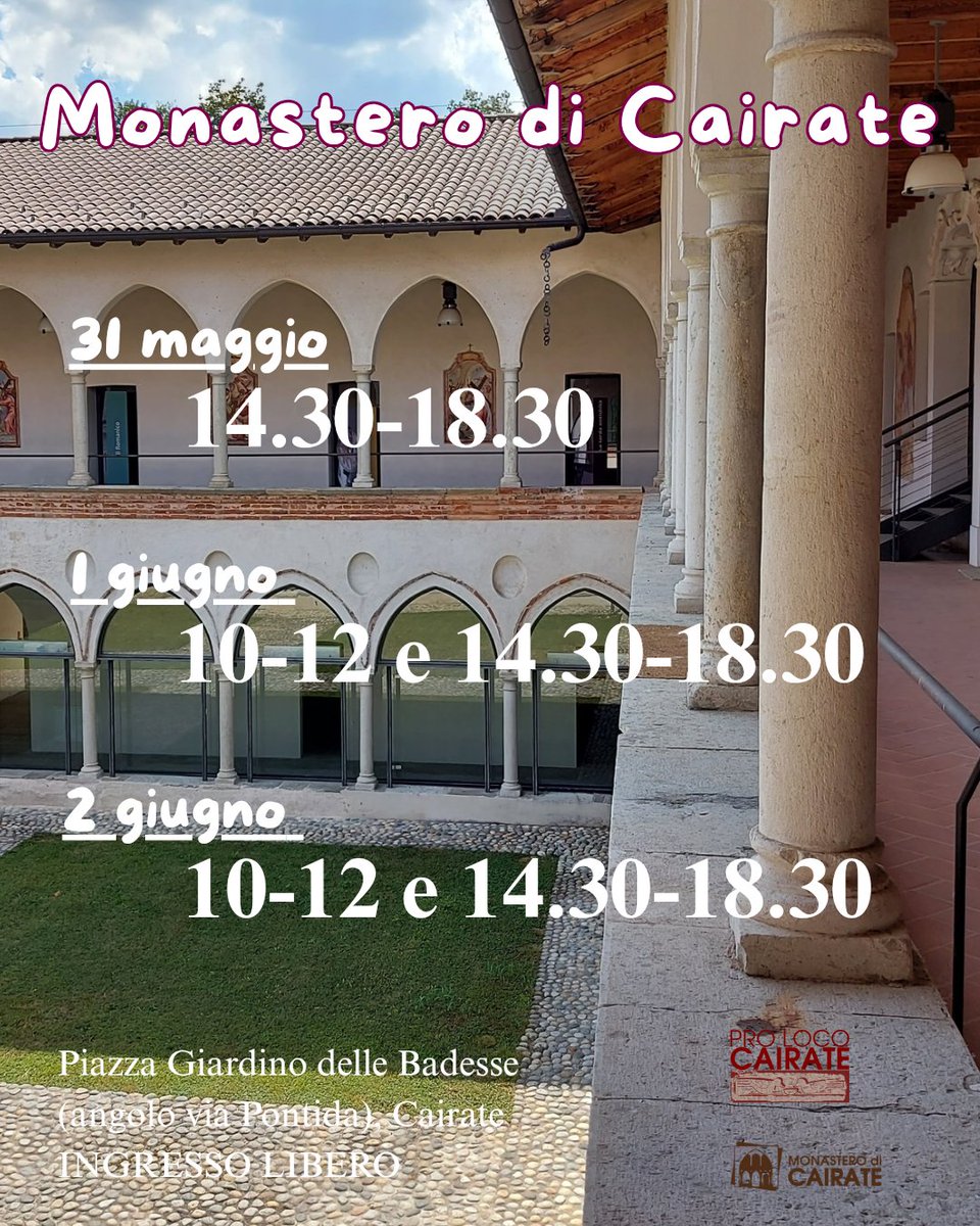 Visite accompagnate a cura dei volontari di Pro Loco Cairate su prenotazione alle ore 15 e alle ore 17. Prenotazioni sul sito comune.cairate.va.it