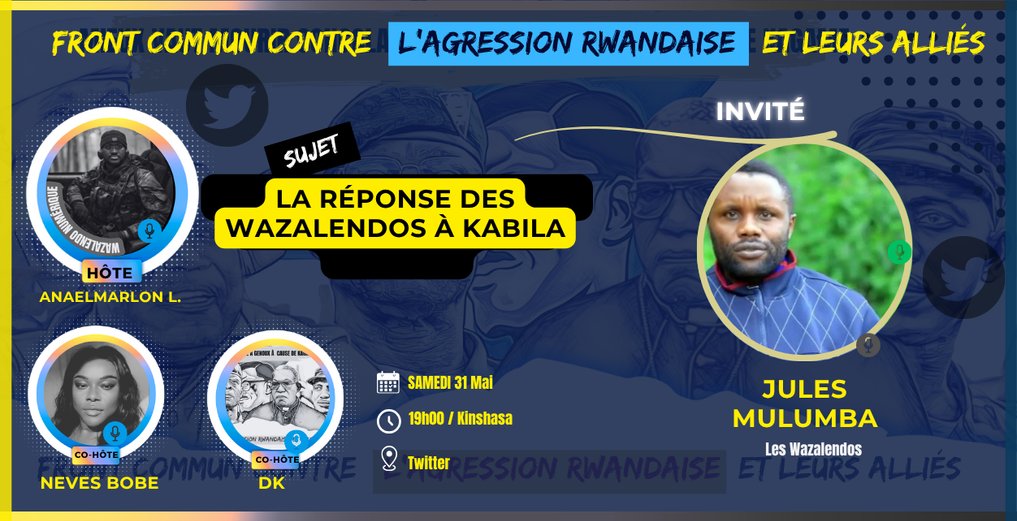 Anaelmarlon Luzayamo🇨🇩 (@marlonluzayamo_) on Twitter photo Vous êtes invités dans notre Space spécial
🎙️ Invité : Jules Mulumba
🗣️ Sujet : La riposte des Wazalendo face à Kabila
🔗 Lien : x.com/i/spaces/1yoKM…
<a href="/Neves7bobe/">Neves 🇨🇩🖤</a> <a href="/dan1410/">DK</a> <a href="/michombero/">Daniel Michombero /Batubenga</a> <a href="/AngelKazadi/">Kazadi Angel/ Fairy Godmother</a> <a href="/SamAdubango20/">Samy ADUBANGO</a> <a href="/Kamanda_Analyse/">Kamanda⚔️</a> <a href="/AbouPatriote/">Abou Patriote</a> <a href="/CybelleFuraha/">cybelle Mushagalusa</a> <a href="/PatrickMuyaya/">Patrick Muyaya</a> Vous êtes invités dans notre Space spécial
🎙️ Invité : Jules Mulumba
🗣️ Sujet : La riposte des Wazalendo face à Kabila
🔗 Lien : x.com/i/spaces/1yoKM…
<a href="/Neves7bobe/">Neves 🇨🇩🖤</a> <a href="/dan1410/">DK</a> <a href="/michombero/">Daniel Michombero /Batubenga</a> <a href="/AngelKazadi/">Kazadi Angel/ Fairy Godmother</a> <a href="/SamAdubango20/">Samy ADUBANGO</a> <a href="/Kamanda_Analyse/">Kamanda⚔️</a> <a href="/AbouPatriote/">Abou Patriote</a> <a href="/CybelleFuraha/">cybelle Mushagalusa</a> <a href="/PatrickMuyaya/">Patrick Muyaya</a>