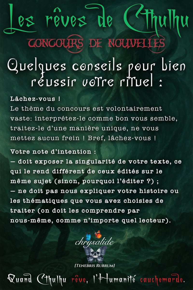 LireChrysalide's tweet photo. Sombres entités et noirs désirs
Concours de nouvelles

C'est le grand jour!
Vous voulez renouveler et perpétuer l'œuvre de Lovecraft?
C'est par ici que ça se passe👇

#concours #cthulhu #lovecraft #hplovecraft #HPL
@Planete_SF @LovecraftFrance @LeLovecraft @ActuSF @PlusquedelaSF https://t.co/7BOmkKCHkr
