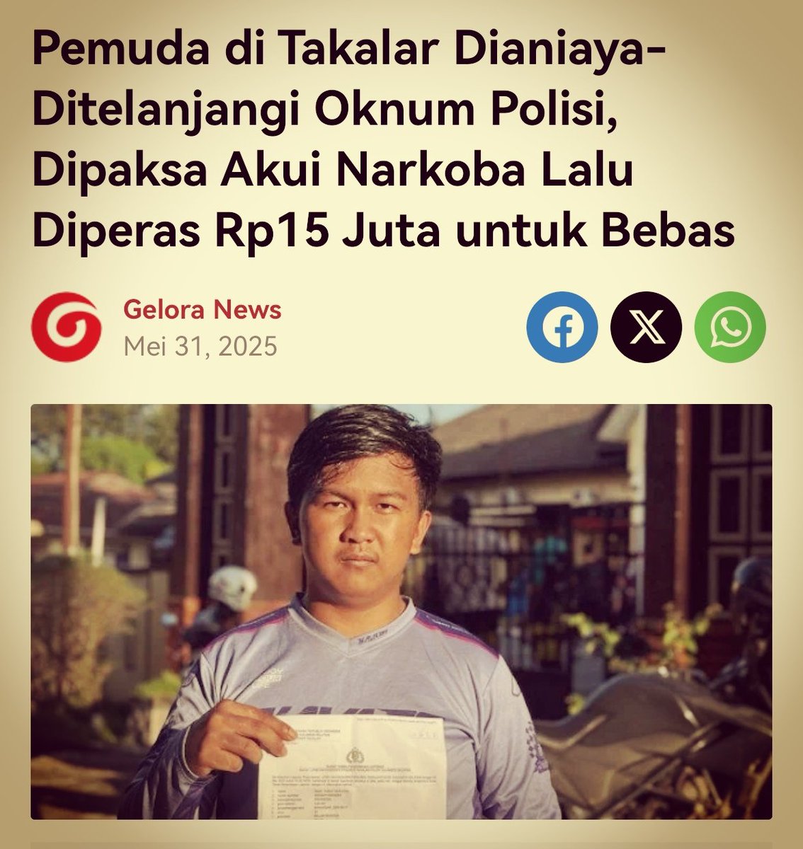 Habieb Selow (@wagimandeep212_) on Twitter photo Disekap, Dipukuli, Diperas
"Lagi nongkrong di lapangan, tetiba didatengin 6 orang, ada yg todongkan senjata lalu lsg pukuli saya. Salah satunya saya kenal, namanya Bripda Andika,โ kata Yusuf
<a href="/polrestakalar2/">Polres takalar</a> tulung disanksi shalat 5 waktu anggotanya..!
gelora.co/2025/05/pemudaโฆ Disekap, Dipukuli, Diperas
"Lagi nongkrong di lapangan, tetiba didatengin 6 orang, ada yg todongkan senjata lalu lsg pukuli saya. Salah satunya saya kenal, namanya Bripda Andika,โ kata Yusuf
<a href="/polrestakalar2/">Polres takalar</a> tulung disanksi shalat 5 waktu anggotanya..!
gelora.co/2025/05/pemudaโฆ