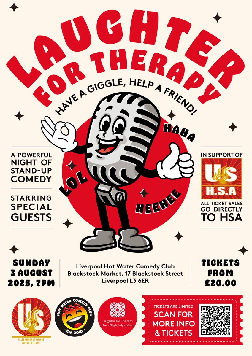 🔴 We’re proud to support @HillsboroughHSA with a powerful night of comedy at Hot Water Comedy Club 🎤

Laughter for Therapy – Sun 3 Aug

All ticket proceeds go to vital mental health support for Hillsborough survivors.