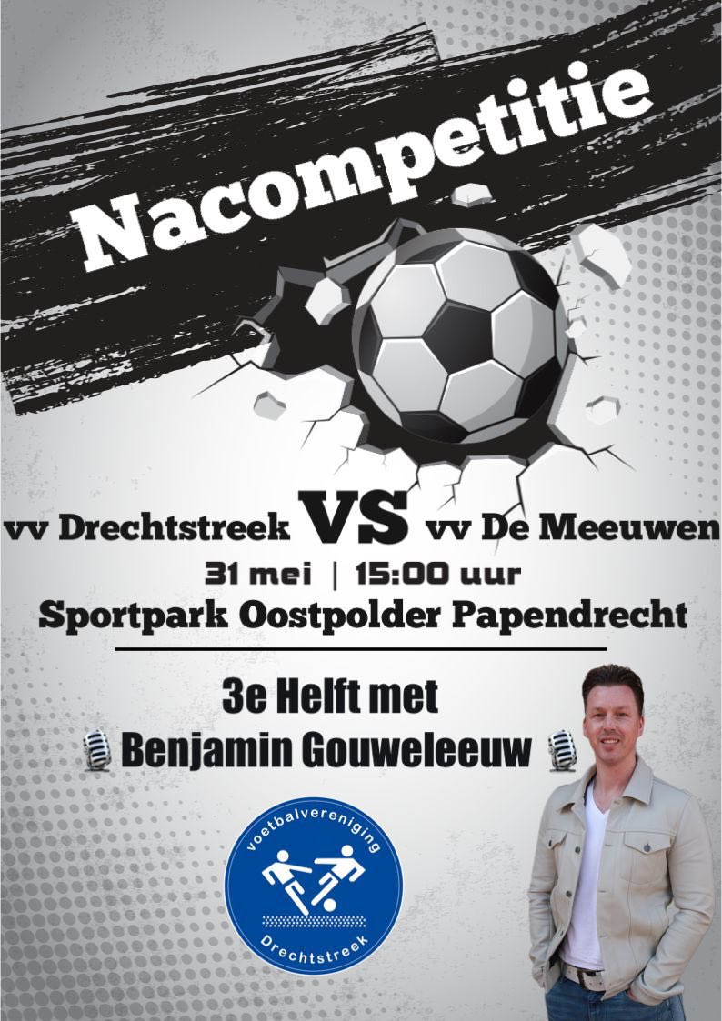 Vanmiddag om 15.00 uur de nacompetitie wedstrijd van <a href="/Drechtstreek1/">Drechtstreek1</a> tegen <a href="/vvDeMeeuwen/">v.v. De Meeuwen</a>. Kom ook en juich onze jongens naar de volgende ronde.
Eerst nog even naar <a href="/MZVC_VOETBAL/">MZVC</a> voor de nacompetitie wedstrijd van ons 2e. Come on Boys 💙🤍💪