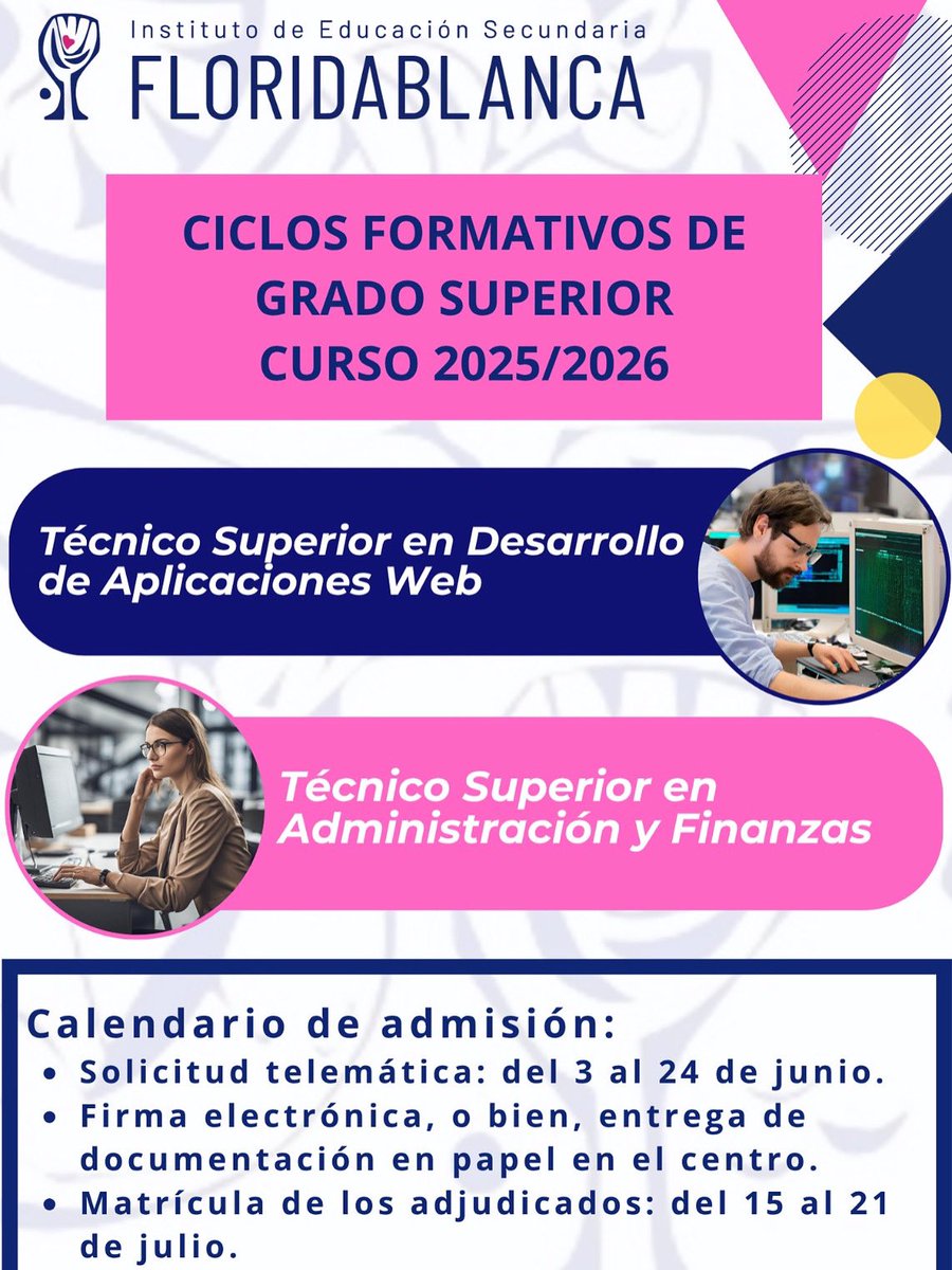 ies floridablanca (@iesflori) on Twitter photo Del 3 al 24 de junio puedes inscribirte en los Grados Superiores del <a href="/iesflori/">ies floridablanca</a> :
✅ Administración y Finanzas
✅ Desarrollo de Aplicaciones Web
ℹ️ Más info: iesfloridablanca.es/proceso-de-adm… Del 3 al 24 de junio puedes inscribirte en los Grados Superiores del <a href="/iesflori/">ies floridablanca</a> :
✅ Administración y Finanzas
✅ Desarrollo de Aplicaciones Web
ℹ️ Más info: iesfloridablanca.es/proceso-de-adm…