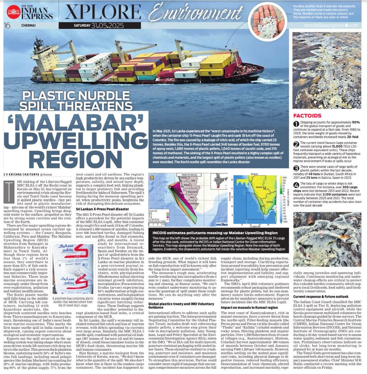 How many know that #Kochi shipwreck had happened inside “Malabar Upwelling Region”, which regarded as one of the world’s most biodiversity rich areas for commercial fishes. So, the current major plastic #nurdlespill will be having devastating impact on fishermen livelihood as