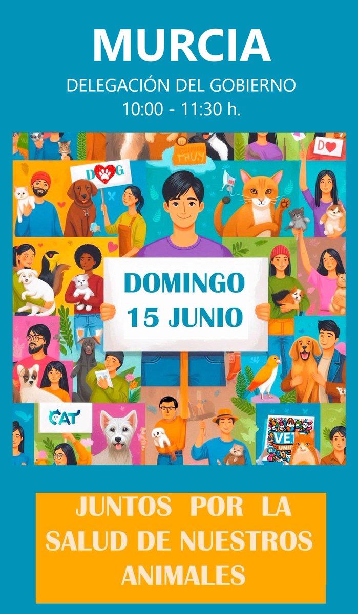 amurvac's tweet photo. "Por la salud de nuestros animales" 
Manifestación
Domingo 15 de junio
10:00 h.
Delegación Gobierno Murcia
@PartidoPACMA @PACMAMurcia @UnVeterinario @Victor_Algra https://t.co/5XMf5T2tHB