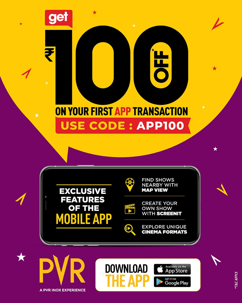 _PVRCinemas's tweet photo. First time’s a charm — and ₹100 cheaper! 😉
Use "APP100" on your first booking via the PVR app and save big. 🎟️
Use the app to explore our exclusive features!
Download now: https://t.co/DcooBhOxFp
.
.
.
*T&Cs Apply
#PVRApp #Offer #Deal #DownloadNow https://t.co/B5iLv3p0gC