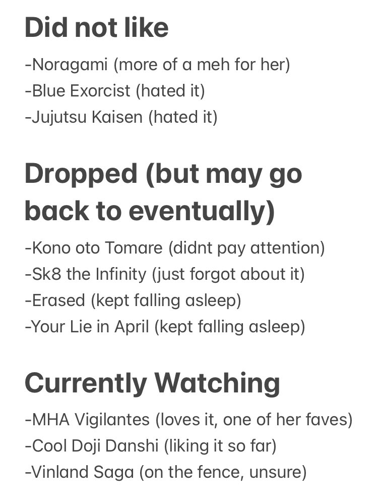 vibratomelon's tweet photo. okay updated list cuz i forgot some stuff

we will be trying out these next
-anne shirley (my personal pick)
-fullmetal alchemist brotherhood (your suggestions)

i havent seen either so first time for both. but if you guys have other stuff you think she would like pls lmk https://t.co/xMzhorKbCg