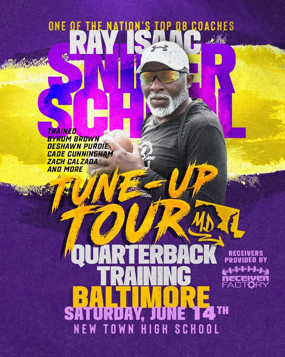 Real QB &amp; WR training — not a combine. Not a showcase.
The Tune-Up Tour hits Baltimore on June 14th at New Town High School.
High school and middle school athletes train Saturday. Youth session runs Sunday morning.

Led by QB coach Ray Isaac of Sniper School (trained Zach Calzada
