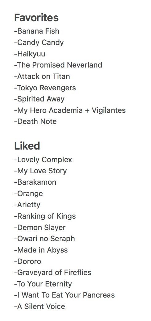 vibratomelon's tweet photo. okay updated list cuz i forgot some stuff

we will be trying out these next
-anne shirley (my personal pick)
-fullmetal alchemist brotherhood (your suggestions)

i havent seen either so first time for both. but if you guys have other stuff you think she would like pls lmk https://t.co/xMzhorKbCg