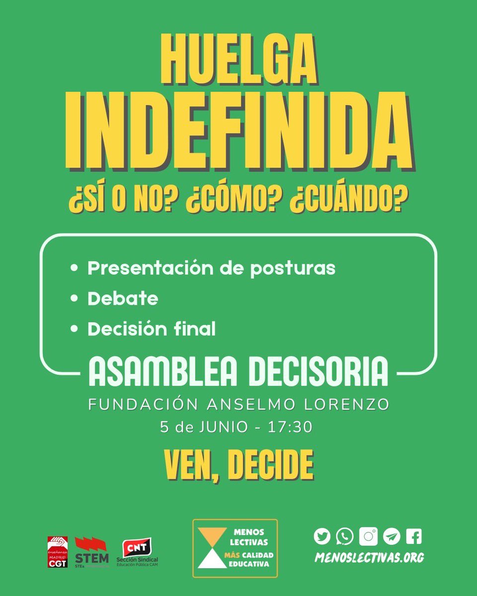 Marea Verde Madrid ¡#MatricúlateEnLaPública! (@venamareaverde) on Twitter photo 🟢🟢 5-6-2025
🟢🟢 Asamblea General de Menos Lectivas
⏰ 17:30 h.
📍 Fundación Anselmo Lorenzo (C/ Peñuelas 41).
Convocan: <a href="/Menoslectivas/">Asamblea Menos Lectivas #SalvemosLaPública</a>, <a href="/CGTMadrideduc/">CGT Enseñanza Madrid</a>, <a href="/stemstes/">STEM</a> y <a href="/CNTeducpubliCAM/">CNT Educación Pública CAM</a>
mareaverdemadrid.blogspot.com/2025/05/5-6-20… 🟢🟢 5-6-2025
🟢🟢 Asamblea General de Menos Lectivas
⏰ 17:30 h.
📍 Fundación Anselmo Lorenzo (C/ Peñuelas 41).
Convocan: <a href="/Menoslectivas/">Asamblea Menos Lectivas #SalvemosLaPública</a>, <a href="/CGTMadrideduc/">CGT Enseñanza Madrid</a>, <a href="/stemstes/">STEM</a> y <a href="/CNTeducpubliCAM/">CNT Educación Pública CAM</a>
mareaverdemadrid.blogspot.com/2025/05/5-6-20…