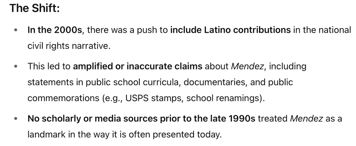 #LatinxRevisionism

Mendez was an obscure case that people dug up and framed as a "landmark civil rights case". A whole narrative around it was fabricated in the 2000s to make civil rights history "intersectional".