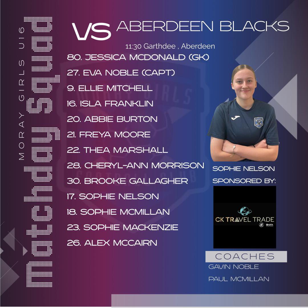 Good luck to our U16s
🏆 U16s League Cup🆚 Aberdeen Blacks v Moray Girls U16s📍Garthdee Astro, Aberdeen🕰️ 11:30KO 🙏🏻 2 CK Travel Trade 4 also sponsoring Sophie Nelson this season.🤞 2 girls &amp; coaches.If you get the chance get along and support them ⚽️💙💜facebook.com/share/1BwK7Ybf…