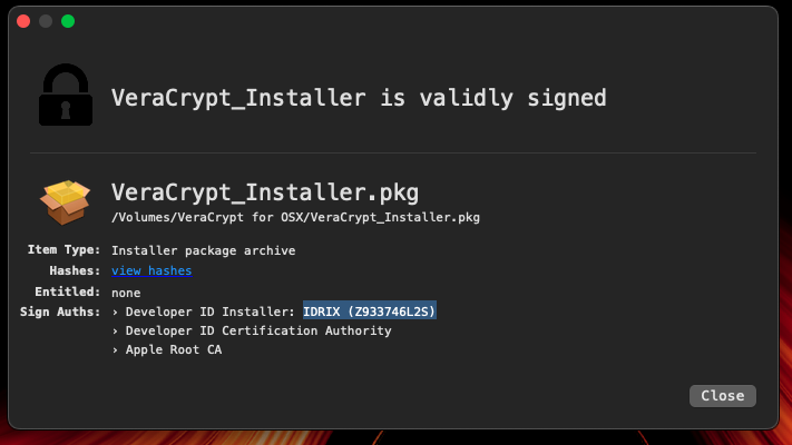 wizard86pz's tweet photo. @joemcken @VeraCrypt_IDRIX Nice catch, but in case of macOS's app (VeraCrypt_1.26.24.dmg), the .pkg file's signature is still "IDRIX (Z933746L2S)". Is this intended @VeraCrypt_IDRIX? https://t.co/4z3WR9FEWH
