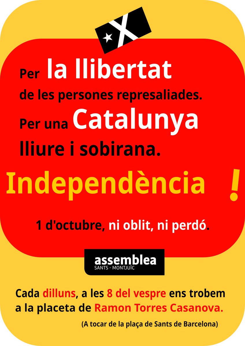 El veïnat de #Sants-Montjuïc i més gent d'arreu ens vam començar a concentrar setmanalment, el novembre de 2017, per la #independència i contra la repressió. 

Podem ser pocs o podem ser molts. Però hi som i hi serem fins al final. Demà també! No hi faltis.