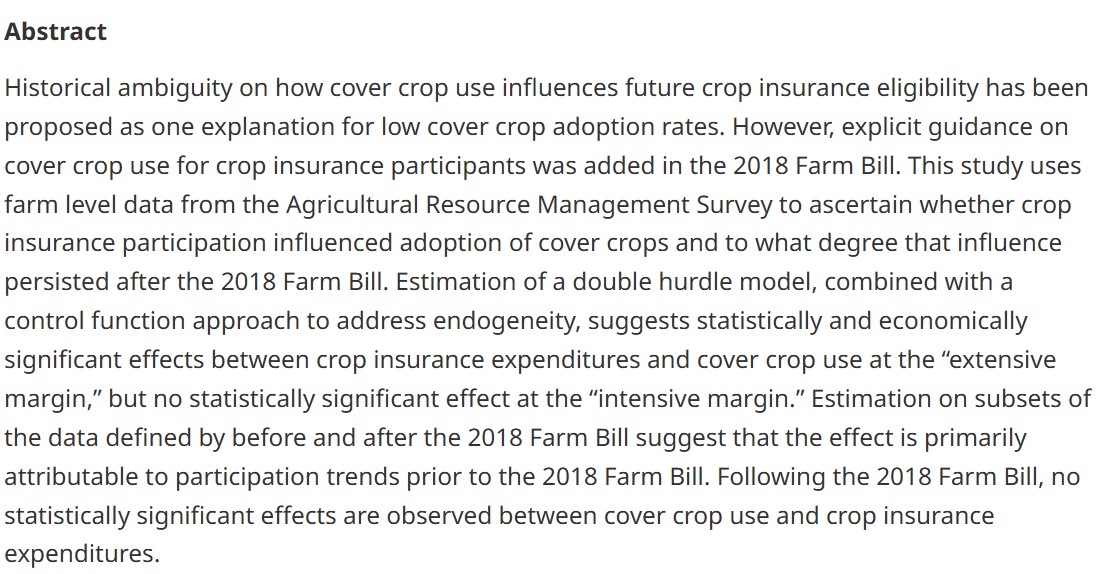 JAAE (@jaae_journal) on Twitter photo New Paper "Crop Insurance Participation and Cover Crop Use: Evidence From Agricultural Resource Management Survey Data" <a href="/AgEconTsiboe/">FRANCIS TSIBOE</a>
cambridge.org/core/journals/… New Paper "Crop Insurance Participation and Cover Crop Use: Evidence From Agricultural Resource Management Survey Data" <a href="/AgEconTsiboe/">FRANCIS TSIBOE</a>
cambridge.org/core/journals/…