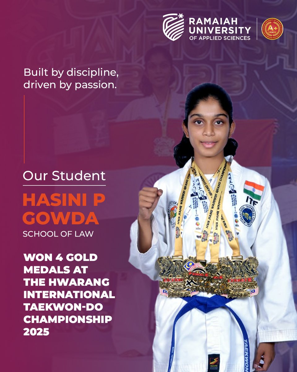 In our #StudentSpotlights series, we proudly feature Hasini P Gowda from the School of Law, RUAS, who won 4 gold medals at the Hwarang International Taekwon-Do Championship 2025 in Malaysia. A proud moment for RUAS! #RUAS #TaekwondoChampion