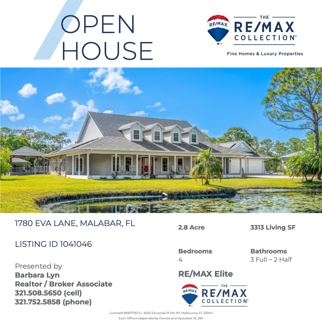 📅 OPEN HOUSE: May 31st, 11am-1pm
📍 1780 Eva Lane Malabar FL
Peaceful Country Living + Modern Luxury on 2.8 Acres
📍 Just minutes from town –  Come tour this 4BR/3.5BA countryside retreat with your own private pond, a chef’s dream kitchen, and room for horses, toys and more !