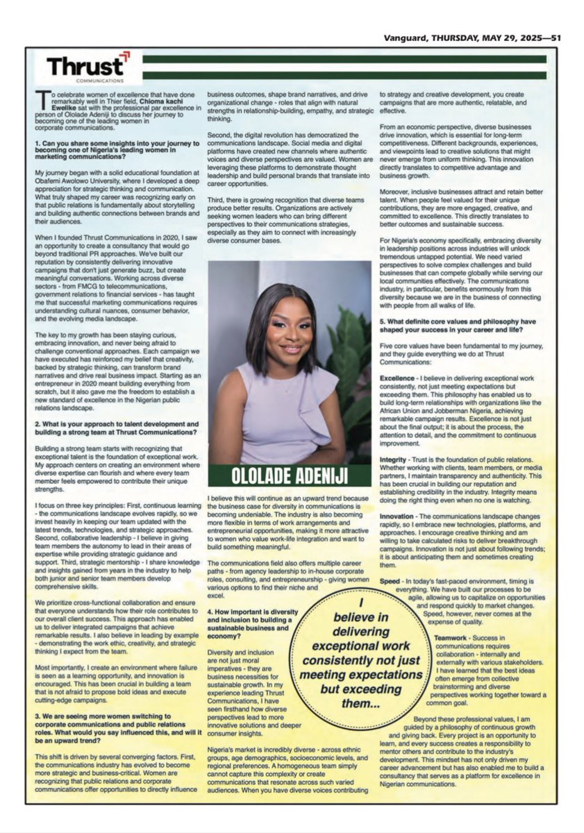 thrustcomNG's tweet image. Big congratulations to our very own Ololade Adeniji, CEO of Thrust Communications, on being recognized by Vanguard Newspaper as one of the women breaking boundaries in their field across the Nigerian market.
We’re proud to stand behind a visionary leader blazing trails. 👏🏽