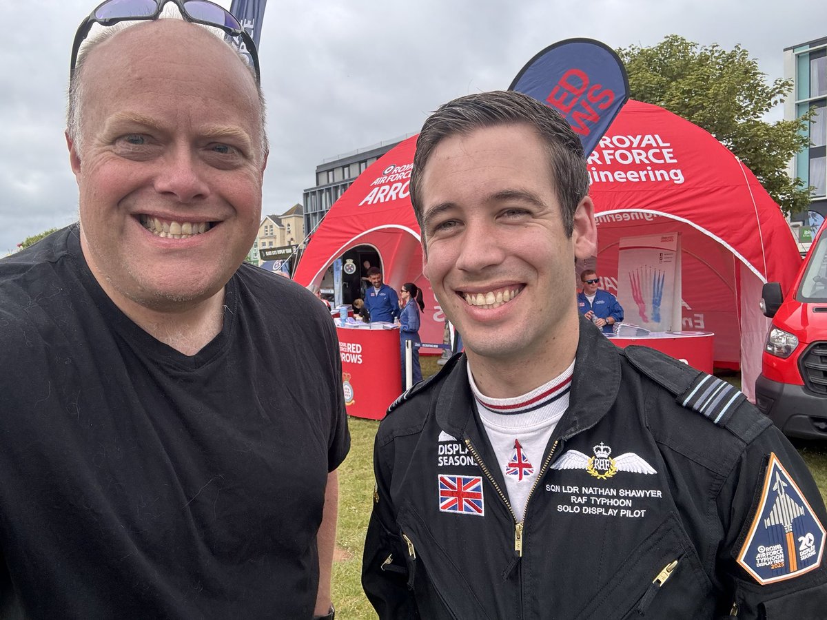 Great to meet <a href="/TyphoonDisplay/">Typhoon Display Pilot</a> at the #englishrivieraairshow  , you can hear our conversation on <a href="/BBCDevon/">BBC Devon</a> with <a href="/cooksouthwest/">Caroline Cook</a> this morning and on <a href="/BBCDevon/">BBC Devon</a>