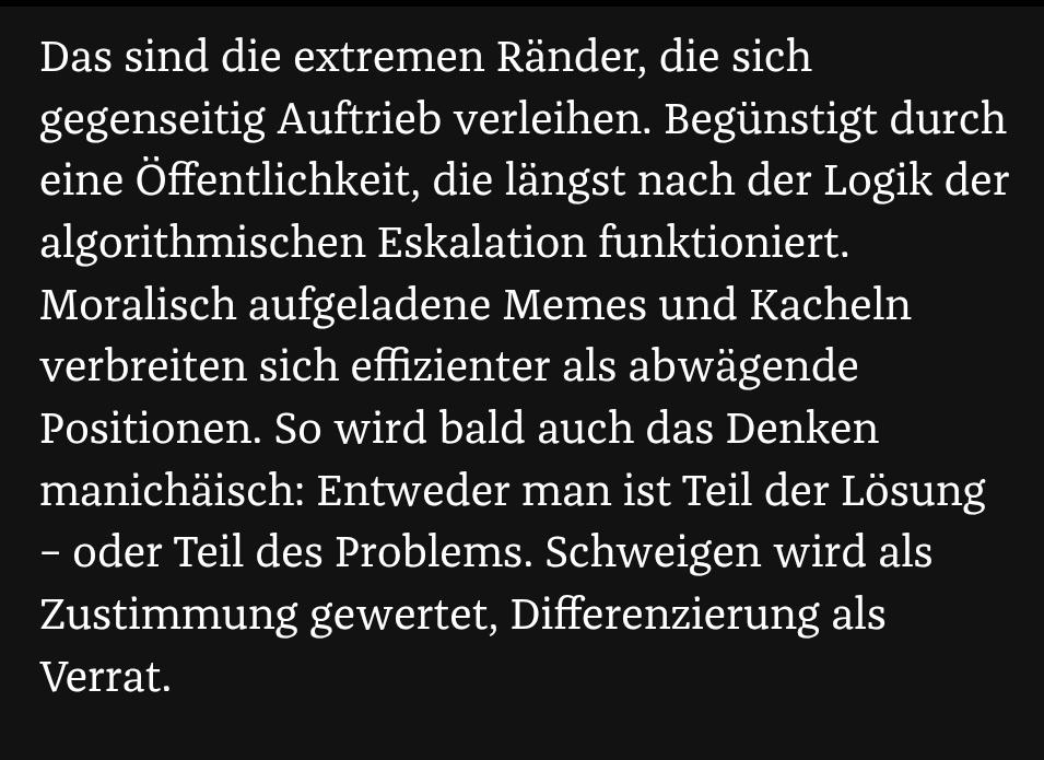 Vieles in diesem Artikel deckt sich 1:1 mit dem, was ich auch denke.

"Empathie und Solidarität mit palästinensischen wie israelischen Zivilisten muss kein Entweder- oder sein, auch wenn es manchmal so scheint."