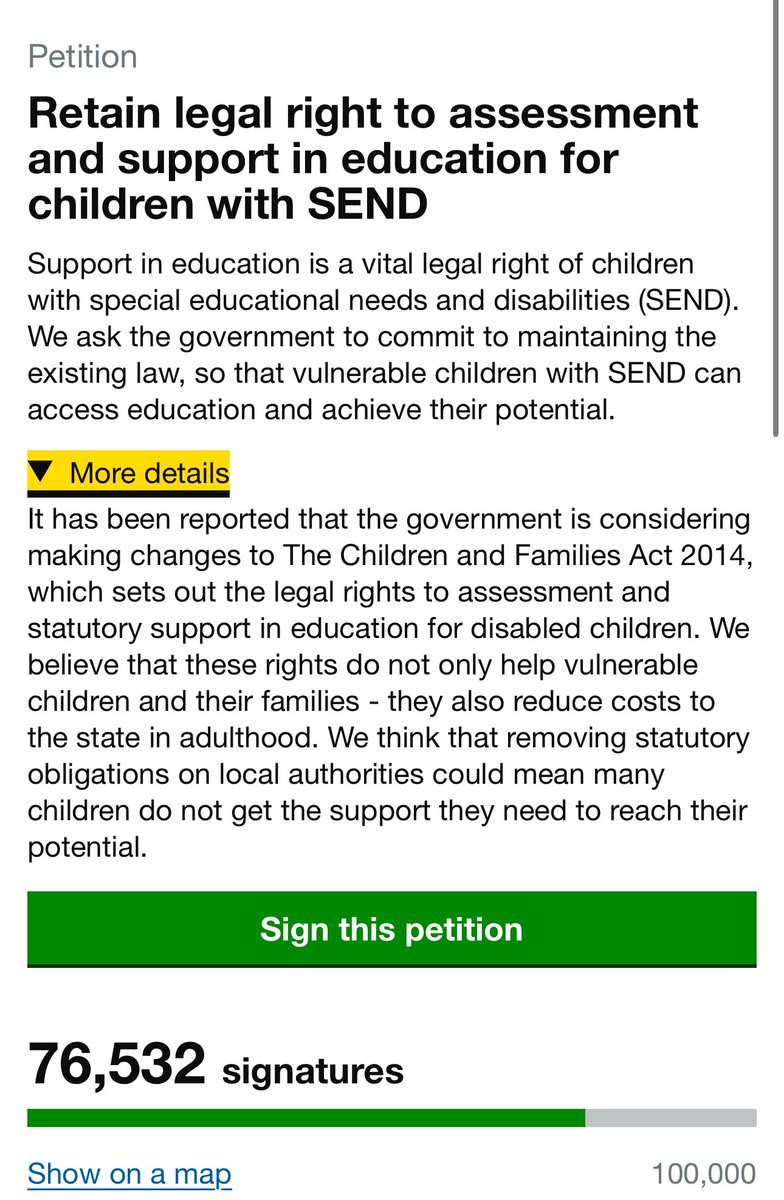 If you live in the UK please sign this petition to keep the law that means SEND children can access education + support, as someone with autism its really important to me that kids get the support they deserve and the ability to learn like everyone else

petition.parliament.uk/petitions/7110…
