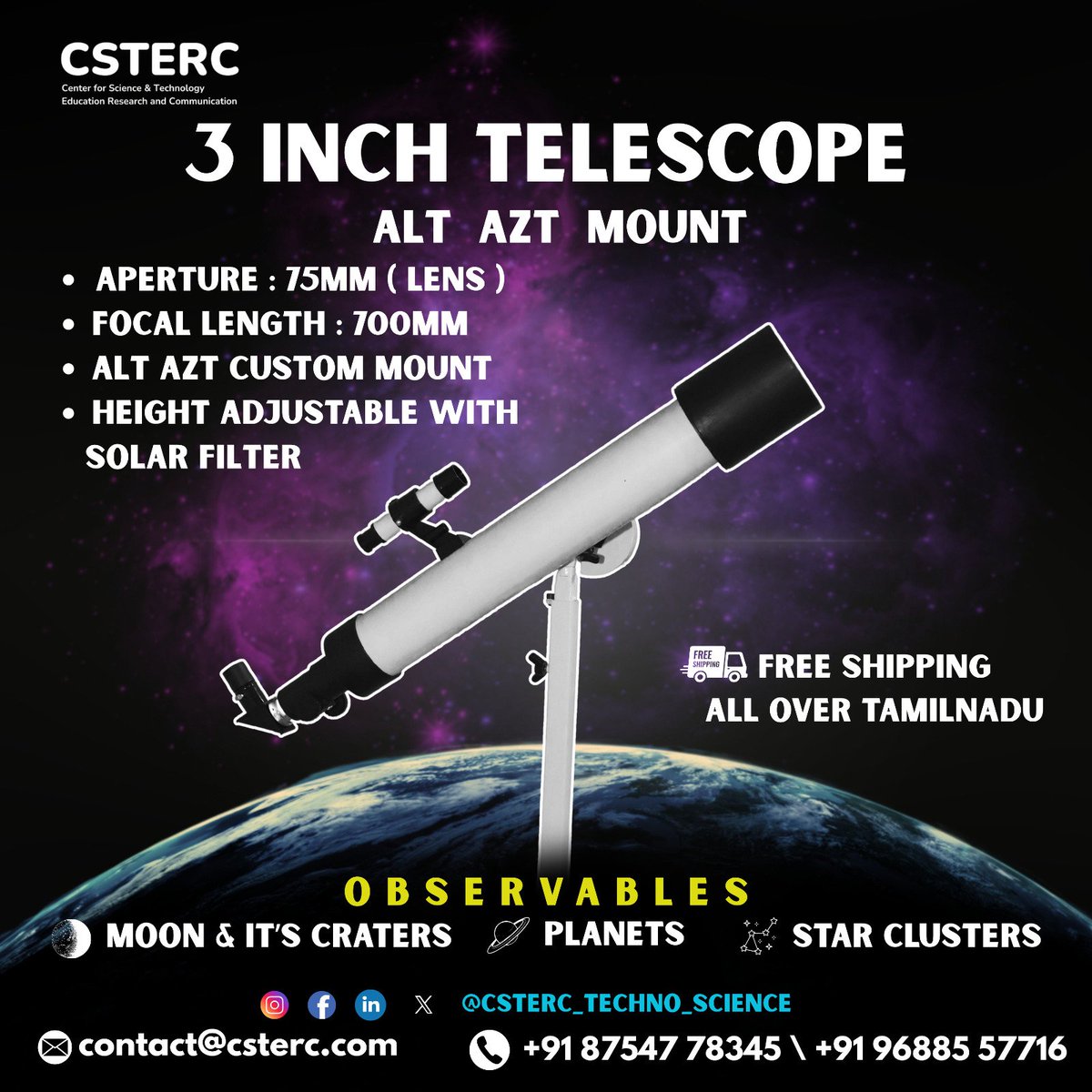 CSTERC (@cstercscitech) on Twitter photo π Best-Selling CSTERC 3-inch Refractive Telescope.
π¦ Free shipping across Tamil Nadu
π Call: +91 87547 78345
π§ Email: contact@csterc.com
#TelescopeForSale #CSTERC #AstronomyLovers #MoonWatch #StarGazing #ScienceTools #TamilNaduScience #TechnoScience π Best-Selling CSTERC 3-inch Refractive Telescope.
π¦ Free shipping across Tamil Nadu
π Call: +91 87547 78345
π§ Email: contact@csterc.com
#TelescopeForSale #CSTERC #AstronomyLovers #MoonWatch #StarGazing #ScienceTools #TamilNaduScience #TechnoScience