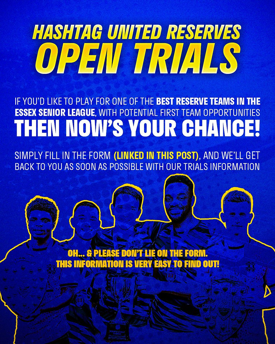 🚨 RESERVE TEAM TRIALS

We’re holding an open trials session in June for our reserve team who play in the Essex Senior Reserve League.

If you’re interested fill out the form: forms.gle/b7JhBgLXfr3amy… &amp; we’ll get back to you ASAP.

Please note that if you lie on the form we will