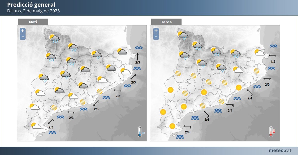 #Predicció3dies

➡ Ds: xàfecs de tarda al Pirineu, Prepirineu i NE.
➡ Dg: ruixats de tarda/vespre al Pirineu, sobretot occidental
➡ Dl: alguns ruixats matí i tarda a l'interior.
 
🌡️ Ds i dg ambient càlid; dilluns baixa la temperatura.

Els detalls 👇
meteo.cat/prediccio/gene…