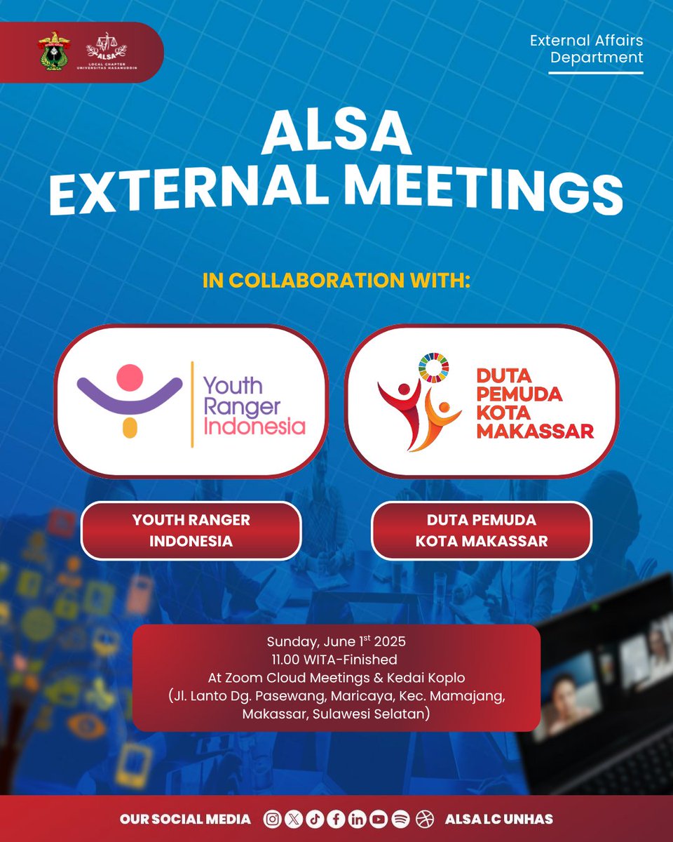 Warmest Greetings, ALSAians!

We are excited to announce that External Affairs Department will be hosting ALSA External Meetings with our partners, which are:
1. Youth Ranger Indonesia.
2. Duta Pemuda Kota Makassar.

We warmly invite you to join us on this event!