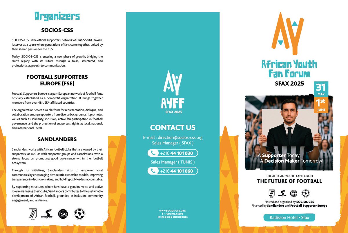 sandlanders's tweet photo. Sandlanders has become Football Supporters Africa! Today we’re hosting the African Youth Fan Forum in Sfax together with @FansEurope and SOCIOS-CSS. Main event in Sfax and satellite events in 7 other African countries #AYFF25 https://t.co/dj2ShTLr9n