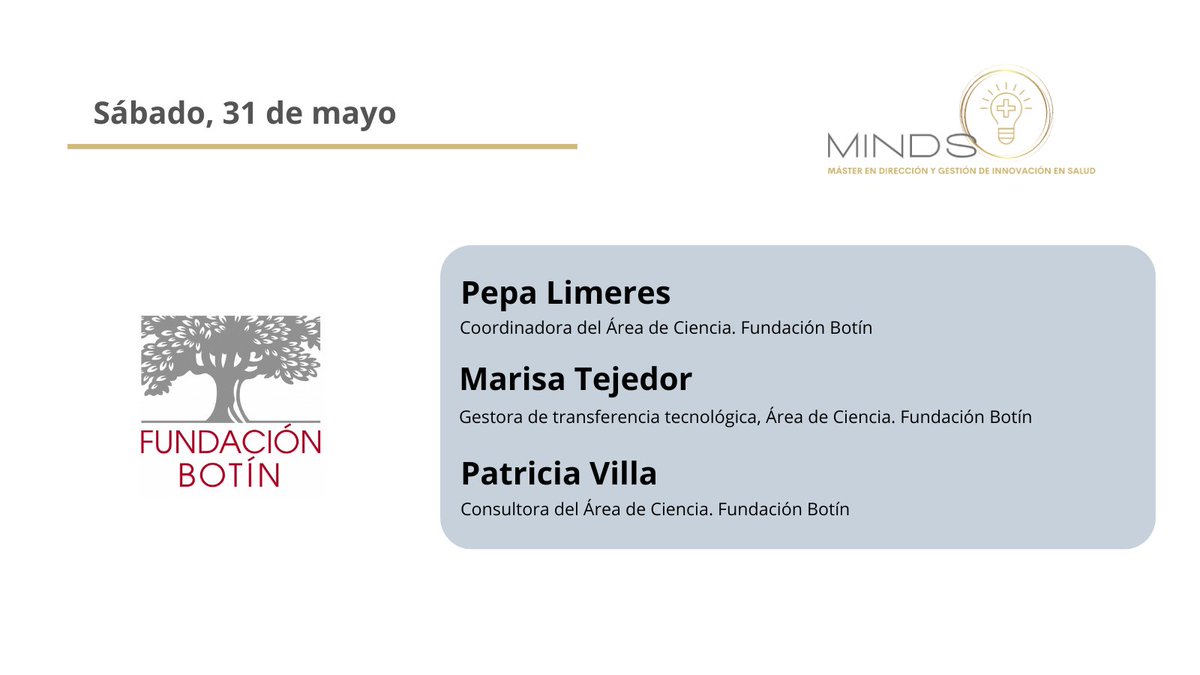 MINDS_Master (@minds_master_) on Twitter photo Hoy en MINDS
🗣️ Pepa Limeres, Marisa Tejedor y Patricia Villa del Área de Ciencia de la <a href="/fundacionbotin/">Fundación Botín</a> organizan un taller práctico sobre emprendimiento científico, un recorrido por las diferentes etapas en la puesta en marcha de una spin-off Hoy en MINDS
🗣️ Pepa Limeres, Marisa Tejedor y Patricia Villa del Área de Ciencia de la <a href="/fundacionbotin/">Fundación Botín</a> organizan un taller práctico sobre emprendimiento científico, un recorrido por las diferentes etapas en la puesta en marcha de una spin-off