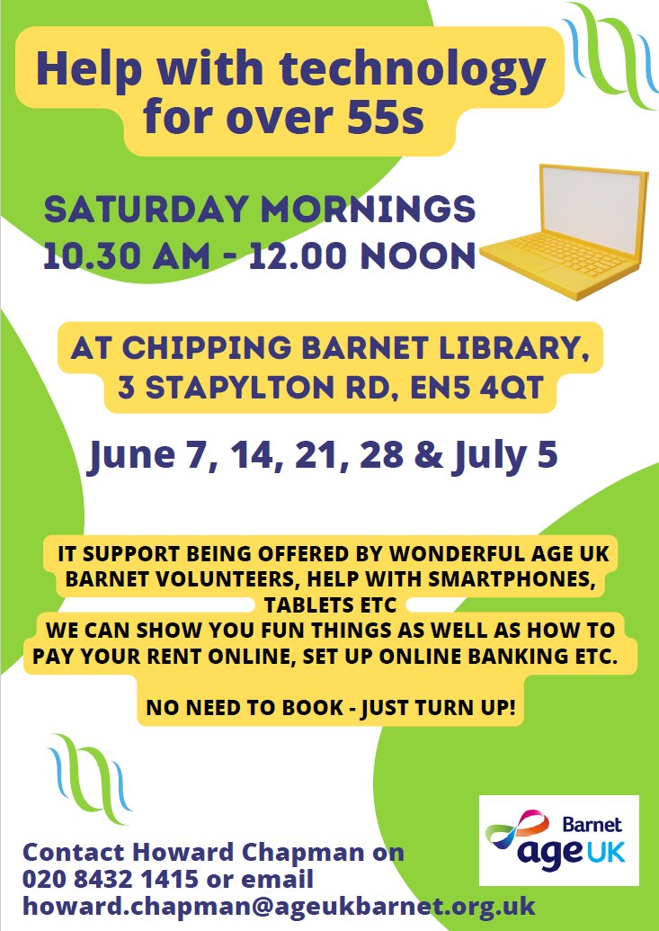 Barnet libraries (@barnetlibraries) on Twitter photo Starting on Saturday 7 June for a limited time only, <a href="/ageukbarnet/">Age UK Barnet</a> will be visiting #ChippingBarnetLibrary to offer help with technology for over 55s. No need to book, just drop in from 10.30am-12noon.
Find out more at bit.ly/3SssseA Starting on Saturday 7 June for a limited time only, <a href="/ageukbarnet/">Age UK Barnet</a> will be visiting #ChippingBarnetLibrary to offer help with technology for over 55s. No need to book, just drop in from 10.30am-12noon.
Find out more at bit.ly/3SssseA