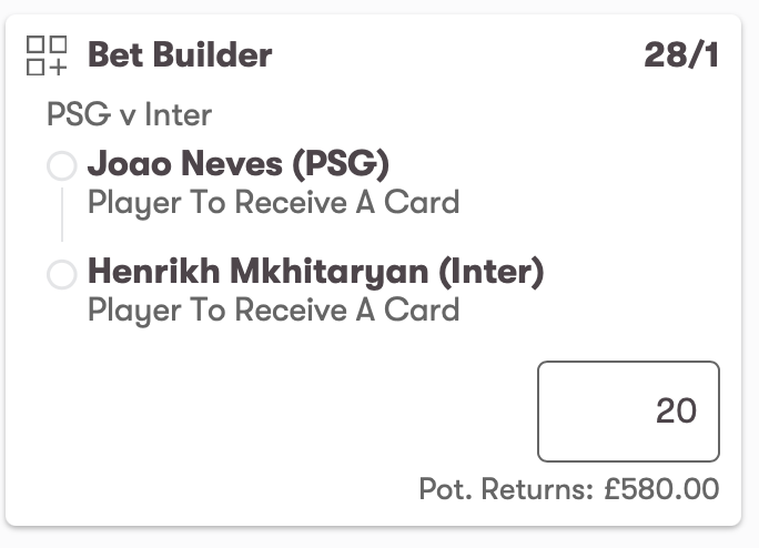 🔵 PSG VS. INTER @ 28/1 🔵

🔥 HUGE ODDS WITH 10BET > tcd.bet/10bet

✅ Join today and get a 100% welcome bonus up to £50 when you claim here: tcd.bet/10bet

✍🏻 NEVES made 4 foul &amp; was carded away to Arsenal in the semi-final. He has the most PSG fouls in the