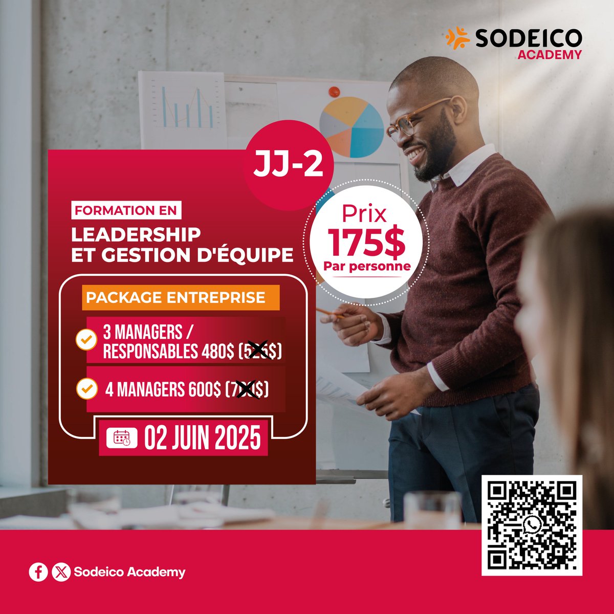 ⏳ J-2 avant la formation Leadership &amp; Gestion d’Équipe avec Sodeico Academy !
📅 02 Juin | 💰 175$
👉 cutt.ly/vrxdXSNy
📞 +243 83 65 10 013
#Leadership #Formation #SodeicoAcademy