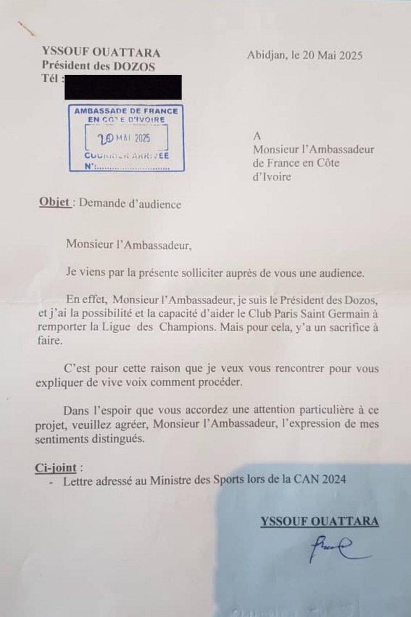 Breaking news : le président des Dozos a demandé une audience à l’Ambassadeur de France en Côte d’Ivoire… pour que le PSG gagne la finale de la #LDC ! 😄🔮  
Même les esprits sont mobilisés pour Paris ! ⚽🇨🇮🇫🇷