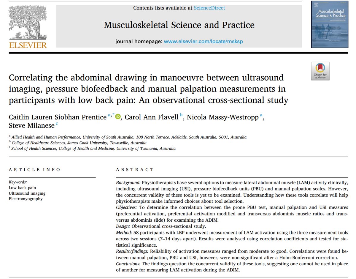 MSKPhysioJnl's tweet image. Study buff.ly/pR4vNWL investigates the correlation between #UltrasoundImaging, pressure biofeedback, and manual palpation in assessing lateral abdominal #MuscleActivation in individuals with #LowBackPain, challenging the concurrent validity of these measurement tools🔬📊