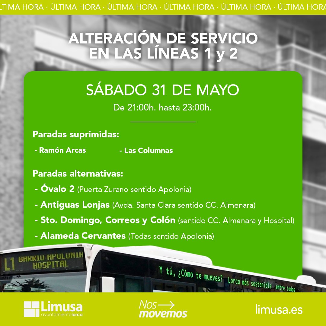 🚍 Se altera el recorrido de la línea 1 y 2.
🗓️ Hoy, viernes 30 de mayo, por "XII Rallye Baja Lorca Ciudad del Sol"
📱 Puedes encontrar los recorridos y horarios en nuestra app