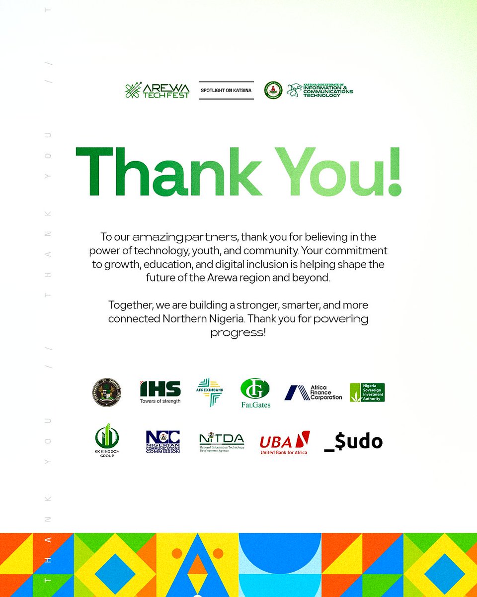 ArewaTechFest's tweet image. To all our incredible major sponsors — thank you! Your support made #ArewaTechFest 2.0 in Katsina a huge success.
Together, we’re building a stronger, bolder tech ecosystem in Northern Nigeria.
This is just the beginning.
#ArewaTechFest #SpotlightOnKatsina