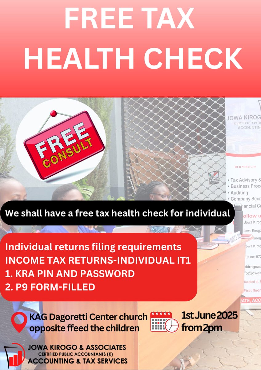 JowaKirogo's tweet photo. FREE TAX HEALTH CHECK
πKAG Dagoretti Center Church (opposite Feed the Children)
π
1st June 2025 | π From 2PM
πΌ Come with:
β
KRA PIN & password
β
Filled P9 form
Powered by Jowa Kirogo & Associates
#TaxHelp #FreeConsult #KRA #Dagoretti https://t.co/W2bbAWSC05