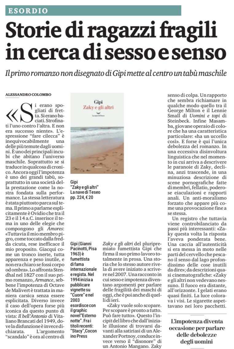 La nave di Teseo (@lanavediteseoed) on Twitter photo âZaky e gli altri" di Gipi, un racconto in cui sesso e impotenza diventano argomenti per parlare delle fragilitĂ dei maschi di oggi, che Ăš poi anche di quelli di ieri.
Alessandro Colombo su <a href="/TuttoLibri/">TuttoLibri</a> âZaky e gli altri" di Gipi, un racconto in cui sesso e impotenza diventano argomenti per parlare delle fragilitĂ dei maschi di oggi, che Ăš poi anche di quelli di ieri.
Alessandro Colombo su <a href="/TuttoLibri/">TuttoLibri</a>