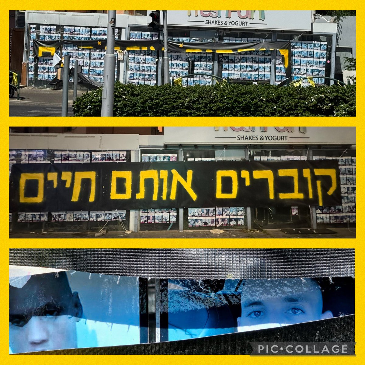 השלט בכיכר ספר - כיכר החטופים החיפאית הושמד לחלוטין. 
שלוש פעמים תיקנו והדבקנו לאחר השחתות. הבוקר כמעט ואין לו זכר. 
עבור מי שלא נעים לעבור ולראות את המציאות, כעת יוותרו מבעד לקרע פניו של מתן אנגרסט, מתחנן שלא ייקברו אותו חי.
הכתובת על הקיר: מורשת ביבי ובן גביר - ׳קוברים אותם