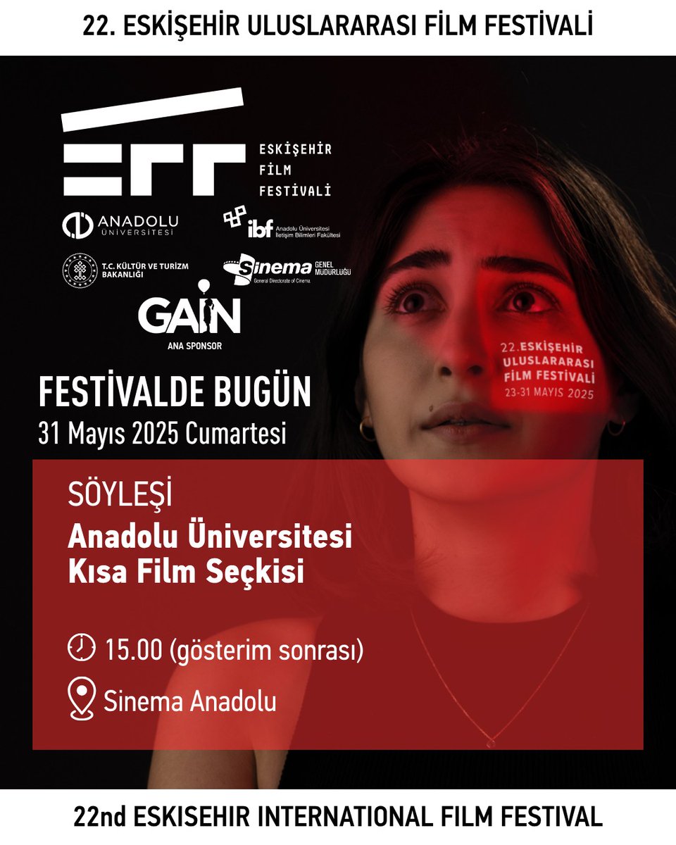 22. Eskişehir Uluslararası Film Festivali, 31 Mayıs 2025 Cumartesi gösterim programı. İyi seyirler.

🗓️ Hakan Savaş Sinema Kültürüne Katkı Ödülleri bugün saat 14.00’da Sinema Anadolu’da sahiplerini buluyor. Prof. Dr. Hakan Savaş Hocamızın sevenleri, öğrencileri Sinema Anadolu’da