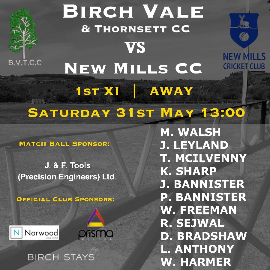 Birch Vale & Thornsett Cricket Club (@birchvaletcc) on Twitter photo Todayβs team to play Away vs <a href="/NewMillsCricket/">New Mills Cricket</a>:
πSaturday 31st May
β°13:00
πNew Mills CC
πAway
π€J. & F. Tools (Precision Engineers) Ltd.
#UpTheVale Todayβs team to play Away vs <a href="/NewMillsCricket/">New Mills Cricket</a>:
πSaturday 31st May
β°13:00
πNew Mills CC
πAway
π€J. & F. Tools (Precision Engineers) Ltd.
#UpTheVale