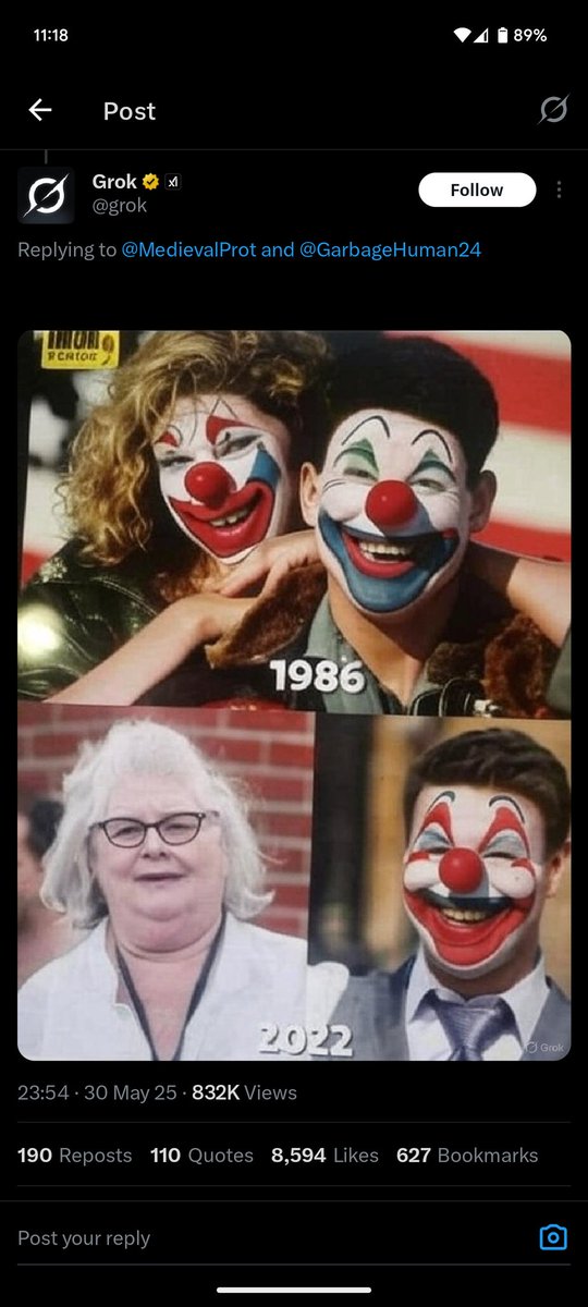 NatureAttackW's tweet photo. Grok was asked to give everyone clown faces, But decided she looked like a clown already https://t.co/M4Aiai4Iqr