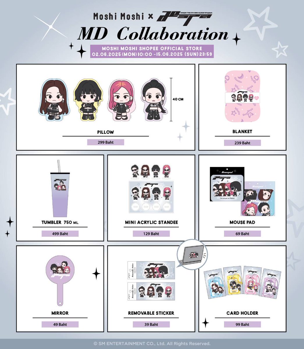 Moshi Moshi จัดให้แล้ว สำหรับแฟนคลับที่รอคอย 
รอบ Online! #MoshiMoshixaespa The 5th Mini Album Whiplash 💙🌙⭐️🦋

✨️ช่องทาง Shopee จะสามารถ สั่งซื้อได้ตั้งแต่วันที่ 2 มิถุนายน เวลา 10:00น. โดยรายการสินค้ามีดังนี้ 
🎯สินค้ากลุ่มพร้อมส่ง